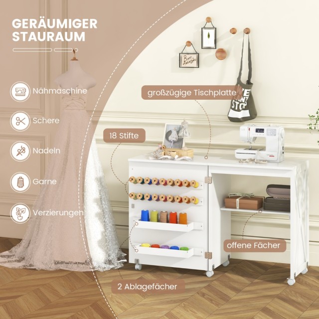 Costway Πτυσσόμενο Ντουλάπι & Γραφείο Ραπτικής 2 σε 1 με Αποθηκευτικό Χώρο Λευκό JV11552WH