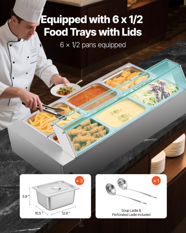 VEVOR Επαγγελματική Ηλεκτρική Θερμαινόμενη Βιτρίνα Τροφίμων 1500W, 43x22x15 ιντσών με Γυάλινο Κάλυμμα για Κέτερινγκ & Εστιατόρια SYSPBWQBLZK63G7J5002V2