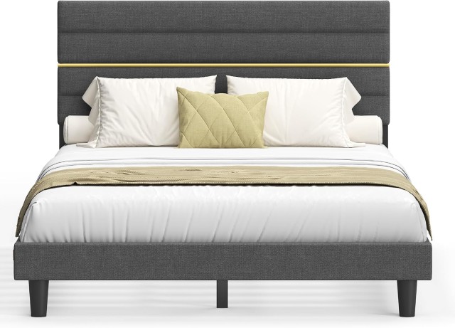 VASAGLE Διπλό κρεβάτι 140 x 190 cm με επενδυμένο κεφαλάρι, μεταλλικό και ξύλινο σκελετό, γκρι σχιστόλιθου RMB503G01