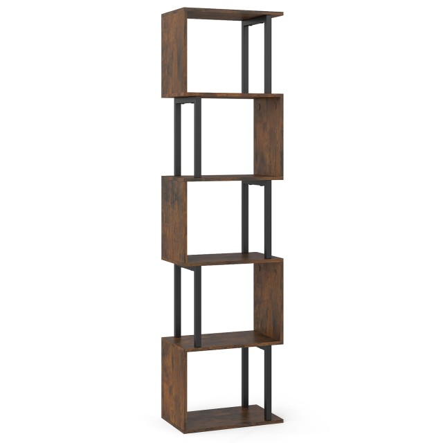 Costway Γεωμετρική βιβλιοθήκη 5 επιπέδων ελεύθερης τοποθέτησης με προστασία ανατροπής, ρουστίκ καφέ, 147 x 23 x 38 cm CB11189CF