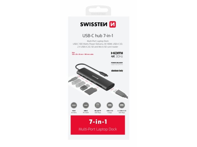 SWISSTEN Πολυαντάπτορας USB-C 7 σε 1 (USB-C 100W, HDMI 4K, 1x USB-A 3.0, 2x USB-A 2.0, SD, MICRO SD) σε Αλουμινένια Κατασκευή 8595217487376