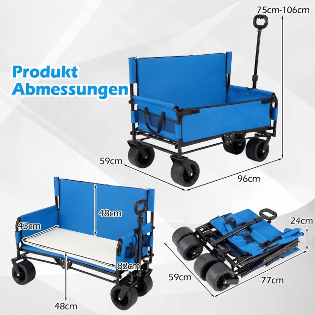 Costway Διπλό Καρότσι 2-σε-1 για Παραλία με Αναδιπλούμενο Κάθισμα και Ρυθμιζόμενη Λαβή Έλξης/Πιέσης - Μπλε NP12927BL