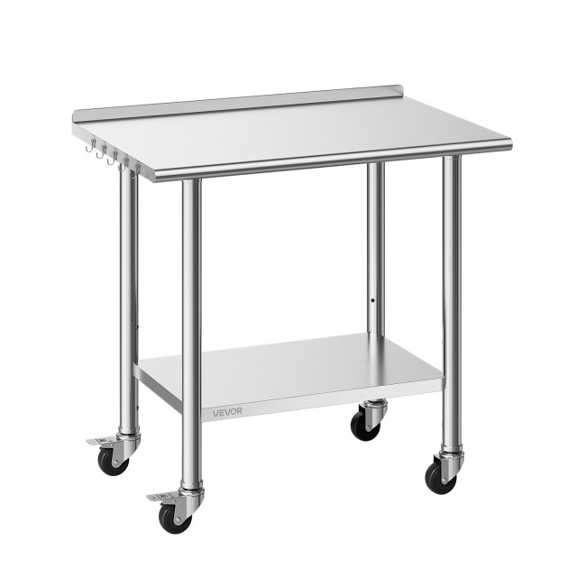 VEVOR Ανοξείδωτο Τραπέζι Εργασίας 61x91 cm με Ρόδες, Πλάτη και Ρυθμιζόμενο Ράφι CFBXGGZTLCDJL8FNV001V0