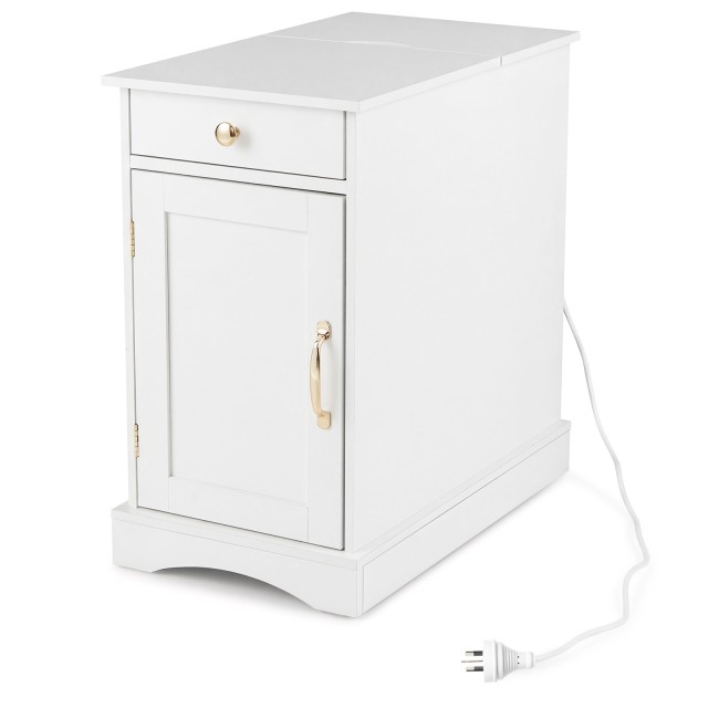 Costway Λευκό Ξύλινο Κομοδίνο με Ενσωματωμένο Σταθμό Φόρτισης και Ρυθμιζόμενο Ράφι JV13071DE-WH