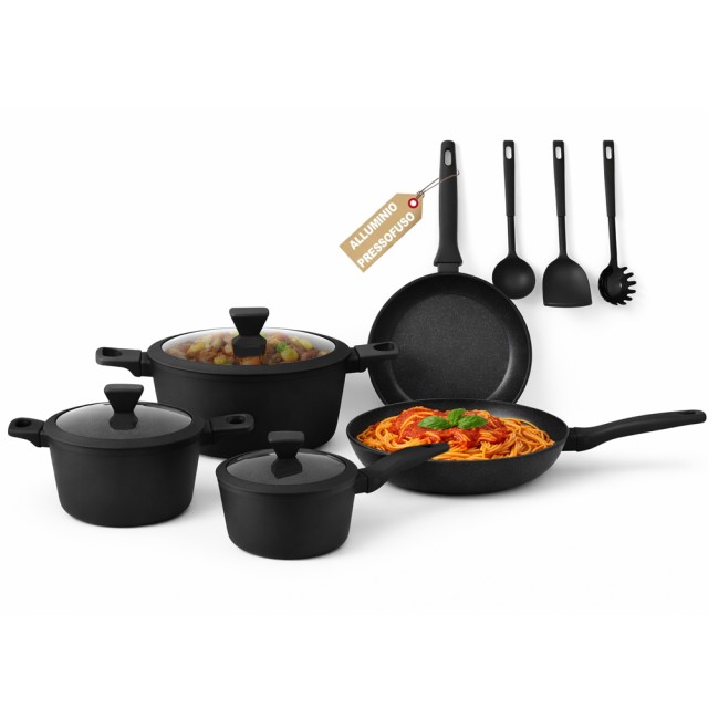 BAKAJI Σετ Μαγειρικών Σκευών Serena Μαύρο 11 Τεμαχίων από Χυτό Αλουμίνιο με 3 Κουτάλες 02002005