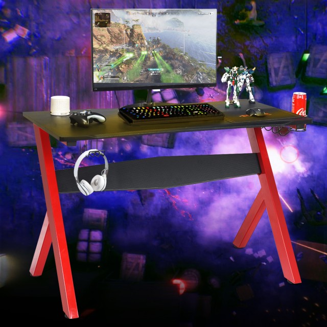 Costway  Νέο Γραφείο Gaming με Ανθεκτική Επιφάνεια Καρβονίου και Πρακτικές Θέσεις Αξεσουάρ HW61561