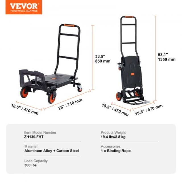 VEVOR Αλουμινένιο Καρότσι 2 σε 1, 136 kg, Βιομηχανικό Καρότσι & Πλατφόρμα με Λαστιχένιες Ρόδες DGNSTHC300BE75URLV0