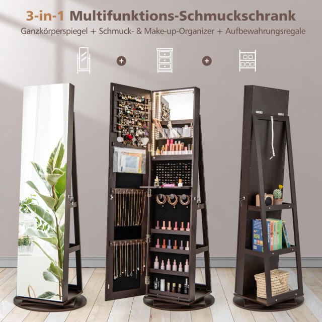 Costway  Περιστρεφόμενη Κοσμηματοθήκη 360° με Τρίχρωμο LED Φωτισμό Σκοτεινό Καφέ Καθρέφτης Ντουλάπι JV10430ZS