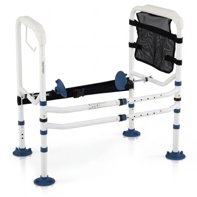 Costway Ρυθμιζόμενη σε Ύψος και Πλάτος Βοήθεια Ανύψωσης WC με Ελαστικό Ιμάντα και Δικτυωτή Θήκη για Ηλικιωμένους, Λευκή, 67-74 x 50 x 57,5-75 cm JH10033WH