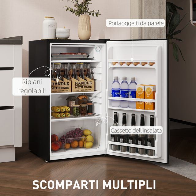 HOMCOM Μικρό Ψυγείο 91L Μονόπορτο Αναστρέψιμο με Καταψύκτη και Ρυθμιζόμενη Θερμοκρασία, Μαύρο 800-129V90BK