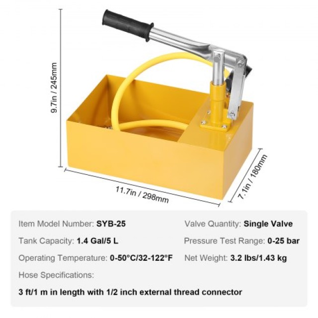VEVOR Αντλία Υδροστατικής Δοκιμής, Μέγ. 25 bar/362 PSI, Χειροκίνητο Υδραυλικό Κιτ Δοκιμής Πίεσης Νερού με Βαλβίδα και Δείκτη, Δοχείο 1.4 Γαλ, Σωλήνας 3 ft με Σύνδεσμο 1/2 για Αγωγούς SYCSBDF14JL07JBUIV0