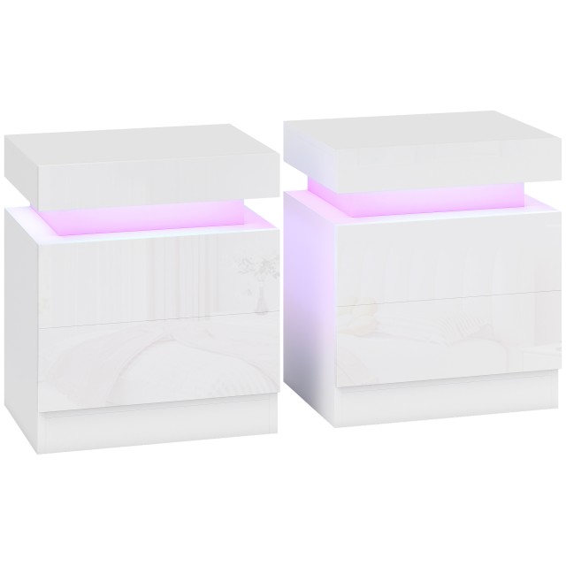 HOMCOM Σετ 2 Κομοδίνα LED με 2 Συρτάρια, Ξύλινα, Λευκά Γυαλιστερά, 45x35x52 cm 831-651V82WT