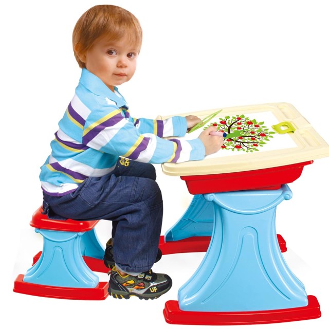 BAKAJI Πάγκος Σχολείου Γραφείο Γαλάζιο + Καρέκλα με Ανακλινόμενη Επιφάνεια και Χώρο Αποθήκευσης 02831082