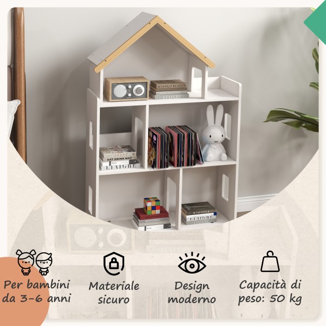 ZONEKIZ Βιβλιοθήκη για παιδιά 3-6 ετών με 3 επίπεδα για βιβλία και παιχνίδια, σε MDF και ξύλο πεύκου, 65x25x108,5 cm, Λευκό 311-056V80WT