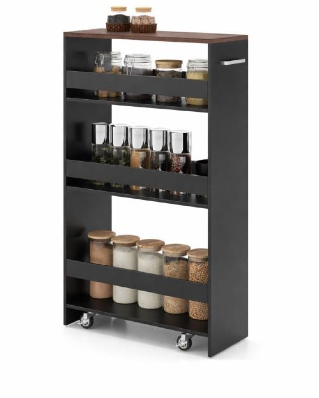 Costway 13 εκ Λεπτή Κουζίνας με Σταθμό Φόρτισης, 4 Επίπεδα Κυλιόμενο Αποθηκευτικό Καρότσι, Μαύρο + Καφέ 80,5 x 47,5 x 13 εκ JV13256HS