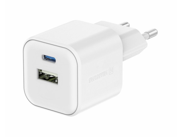 SWISSTEN Προηγμένος Αντάπτορας GaN: 1x USB-C 20W PD & 1x USB-A 18W QC για Υπερταχεία Φόρτιση Λευκό 8595217484405