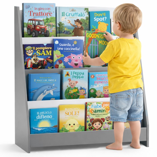 BAKAJI Γκρίζα Μοντεσσοριανή Ξύλινη Βιβλιοθήκη για Παιδιά - Ράφι Βιβλίων 80x30x88cm 02001943