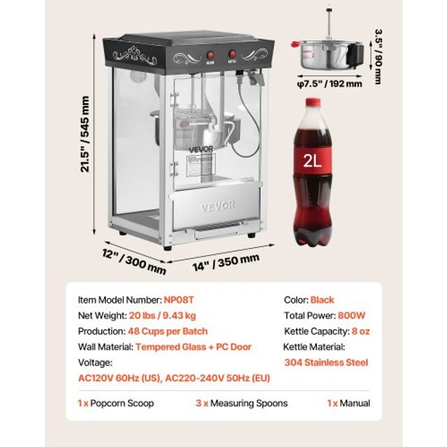 VEVOR Επιτραπέζια Μηχανή Ποπ Κορν 800W με Κάδο 0.2kg Μαύρο TSBMHJHS8OZWE6M1R001V2