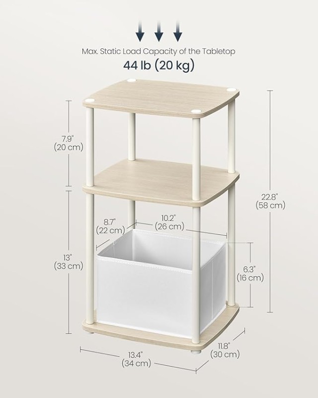 SONGMICS Μοντέρνο Πλαϊνό Τραπέζι 34x30x58cm με 3 Ράφια και Υφασμάτινο Καλάθι σε Μπεζ Χρώμα LET286N01