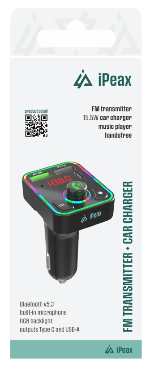 iPEAX FM Transmitter Bluetooth 5.3 Handsfree Αυτοκινήτου & Φορτιστής 15.5W με Οθόνη LED & RGB LED Φωτισμό & 2 USB 8595217492189