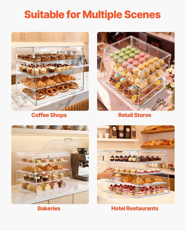 VEVOR Εμπορική Προθήκη Ζαχαροπλαστικής 4 Επιπέδων, Διάφανο Ακρυλικό Κουτί Ψωμιού για Κουζίνα, με Μαγνητική Πόρτα, 530x435x415 mm MBZSJYKLTX3CN119G001V0