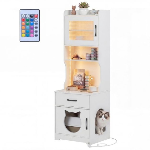 Costway Λευκός Ντουλάπι Γάτας με Ρυθμιζόμενο LED Φως & Ράφι & Φορτιστή & Συρτάρι Λεκάνης Γάτας 152 x 50 x 45 cm PV10367DE-WH