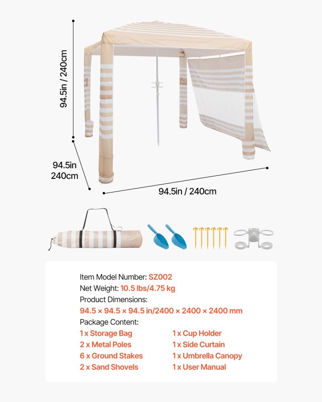 VEVOR Φορητό Σκίαστρο Παραλίας με Πλευρικό Τοίχο 2.4 x 2.4 m, Προστασία UPF 50+, Εύκολη Συναρμολόγηση JYKHTXW8FT8F99PQ9001V0