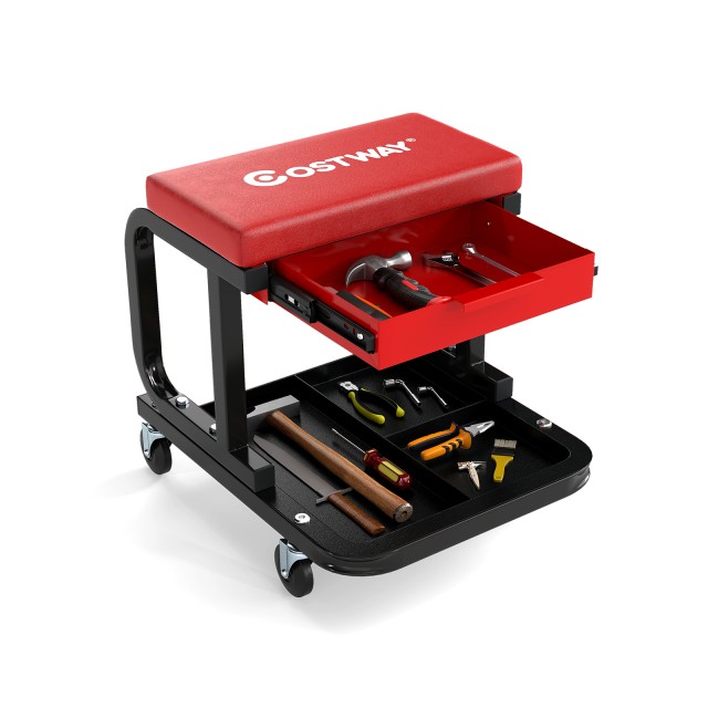 Costway Κυλιόμενος Εργαστηριακός Σκαμπό με Αντοχή 185 kg και Επενδυμένο Κάθισμα Μηχανικού με Συρτάρι σε Κόκκινο Χρώμα AU10054RE