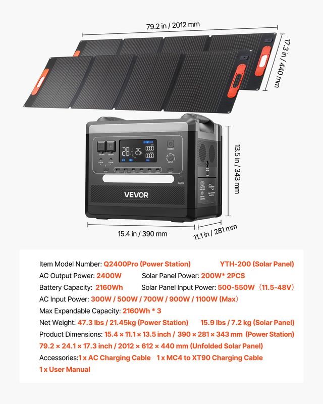 VEVOR  Φορητός Σταθμός Ενέργειας 2400W με 2 Πτυσσόμενα Ηλιακά Πάνελ 200W και Μπαταρία LiFePO4 2160Wh KZSCNDYTJZDTMIYY2001V2