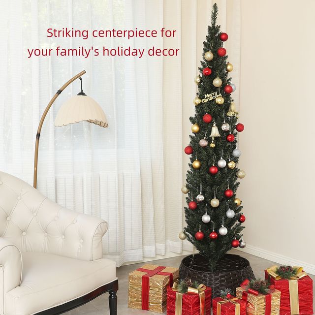 HOMCOM  Ψηλό Χριστουγεννιάτικο Δέντρο Slim 195 cm Εξοικονόμησης Χώρου με 390 Κλαδιά και Βάση από Ατσάλι για Εσωτερικούς Χώρους, Πράσινο  830-854V00GN