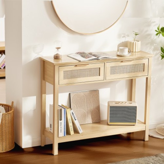 Τραπέζι Κονσόλα VEVOR Rattan με 2 Συρτάρια και Συρόμενη Πόρτα Φυσικό  TBXGZ2CMSYGBWFU0TV0