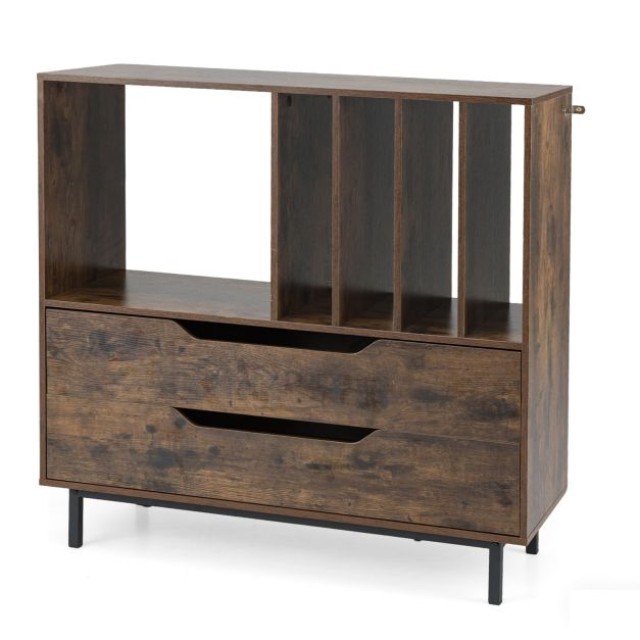 Costway Ρετρό Βάση Πικάπ με 4 Θήκες Βινυλίου & 2 Συρτάρια σε Καφέ Χρώμα JV13680CF