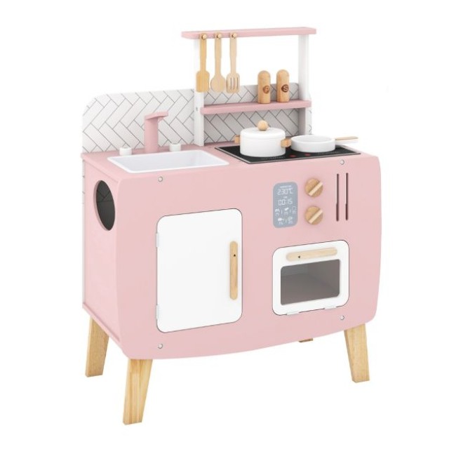 Costway Ροζ Ξύλινη Παιδική Κουζίνα με Σκεύη & Νεροχύτη 73,5 x 58 x 29 εκ. TP10196