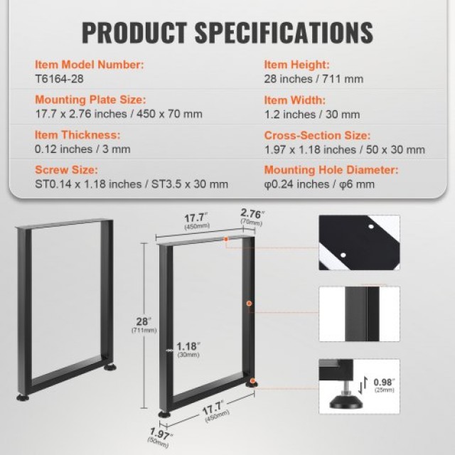 Ρυθμιζόμενα Πόδια Επίπλων VEVOR 711.2MM, Σετ 2 Μαύρα Πόδια Γραφείου από Ατσάλι  FXZTHSGFX28XXZDT7V0