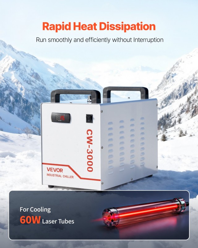 VEVOR Βιομηχανικός Ψύκτης Νερού CW-3000 με Δεξαμενή 9L & Μέγ. Ροή 10L/min για 65W Laser Engraver WYSJXGYLSJ9LDS5SK001V2