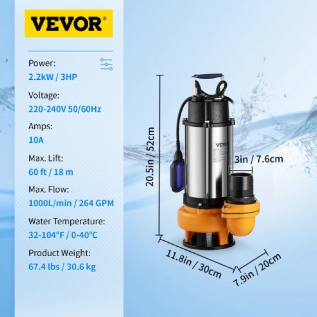 Αντλία Βυθιζόμενη VEVOR 2200W, 60000L/H, με 10μ Καλώδιο & Αυτόματο Φλοτέρ, Ανοξείδωτη για Καθαρά/Βρώμικα Νερά  WSBBX30HP220VSLN2V2