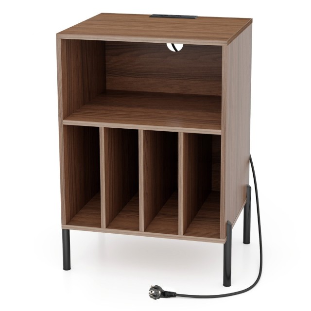Costway Βάση Πικάπ με Σταθμό Φόρτισης & Ράφι & 4 Διαχωριστικά για Δίσκους Βινυλίου Καφέ JV12882DE-WT