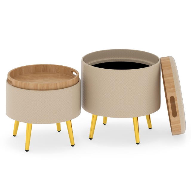 Costway Σετ 2 Στρογγυλές Οθωμανές με Αποθηκευτικό Χώρο και Αναδιπλούμενους Δίσκους, Δερματίνη, Μπεζ JV12925MS