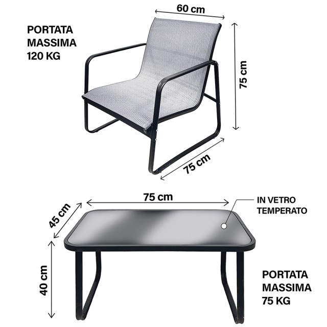 Galileo Σετ κήπου 4 θέσεων από ανθρακούχο χάλυβα, PVC και πολυεστέρα, τραπεζάκι με επιφάνεια από μαύρο και ασημί γυαλί Saint Tropez Est 5914154