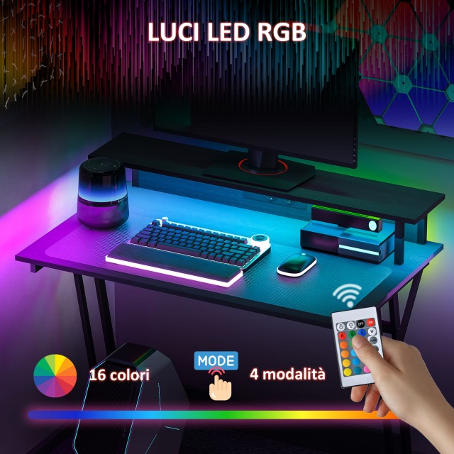HOMCOM Γραφείο Gaming με LED Φώτα και Υποστήριξη για Οθόνη, από Μοριοσανίδα και Ατσάλι, 100x60x88.5 εκ., Μαύρο 920-094V90BK
