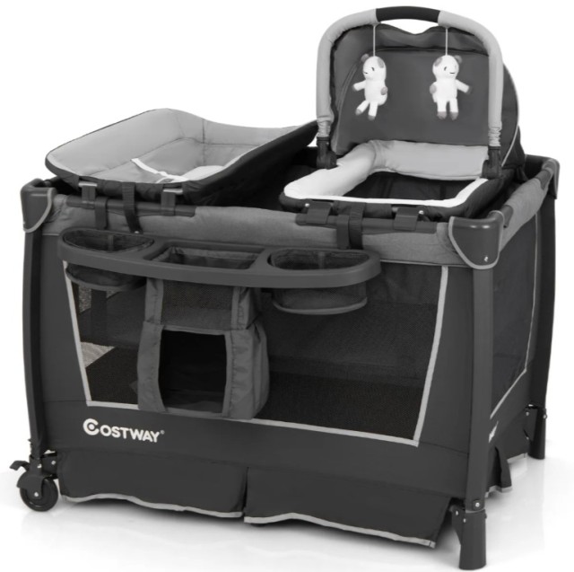 Costway Πτυσσόμενο Κρεβάτι Μωρού 5 σε 1 με Αποσπώμενο Λίκνο, Αλλαξιέρα & Ταξιδιωτικό Στρώμα σε Γκρι Χρώμα 73 x 74 x 103 cm BC10320HS