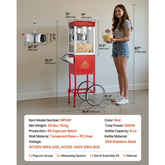 VEVOR Μηχανή Ποπκόρν με Καρότσι και Βραστήρα 800W 0.2kg Κόκκινη CSBMHJHS8OZW5RV9X001V2
