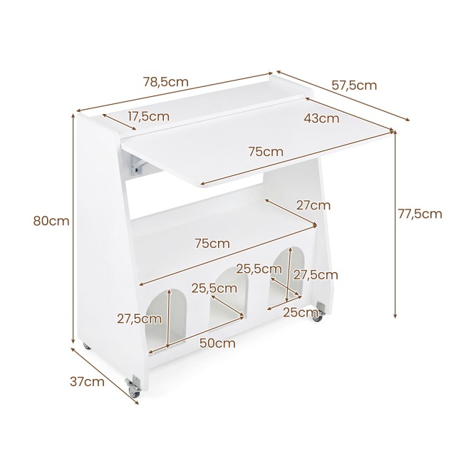 Costway Λευκό γραφείο υπολογιστή με ρόδες και αναδιπλούμενη επιφάνεια, 80 x 57,5 x 78,5 cm CB11026WH