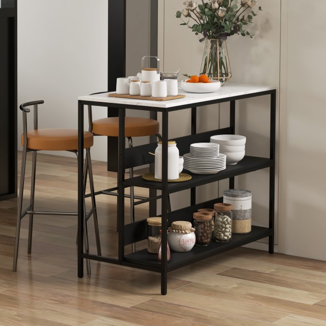 HOMCOM Kitchen Island με ράφια, μαρμάρινο εφέ και μεταλλική κατασκευή, 100x50x90cm, ασπρόμαυρο 801-338V80BK