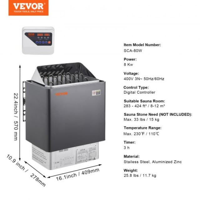 VEVOR 8KW Ηλεκτρική Σόμπα Σάουνας με Ψηφιακό Έλεγχο για 8-12 m3 Σπα Σπιτιού DSSNLWKLXB8KWB33NV8