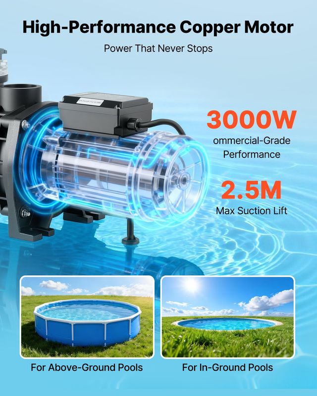 VEVOR Αντλία Πισίνας 3000W, Μέγ. Ροή 35,000 L/H, Μονοτάχυτη, AC 220-240V, 2860 RPM, Μέγ. Ύψος 19μ, με Χρονοδιακόπτη 24 Ωρών & Καλάθι Φίλτρου DSYCGLBOZDS3ITJKP001V2