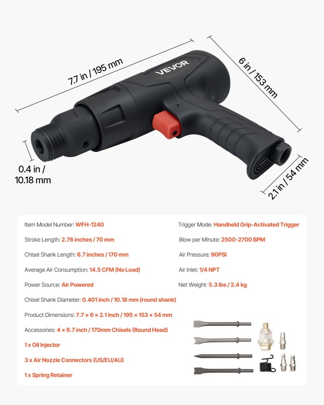 VEVOR Σετ Πνευματικού Σφυριού Air Hammer 2500-2700 BPM με 4 Καλέμια QDCCCGQCQSWBB0RP2002V0