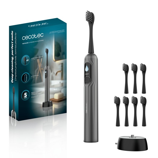 Cecotec Οδοντόβουρτσα ToothCare UltraSonic PlatinumSwing με Ταλάντωση, έως 50.000 RPM, 5 Λειτουργίες, Οθόνη & Αναφορά Καθαρισμού, 8 Κεφαλές, Ασύρματη Φόρτιση & Θήκη CEC-116289