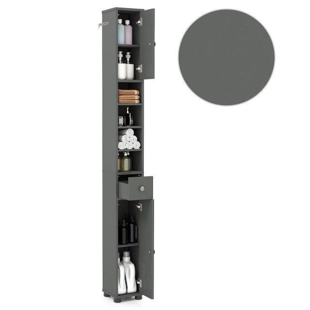 Costway Λεπτή Ντουλάπα Μπάνιου με 2 Πόρτες & 1 Συρτάρι & Ρυθμιζόμενα Ράφια, Γκρι JV11918GR