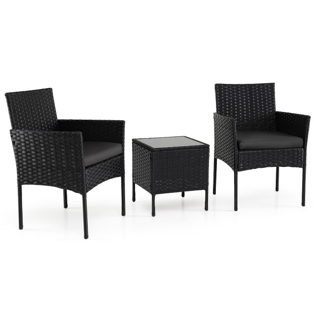 Costway Σετ Επίπλων Μπαλκονιού 3 Τεμαχίων από Ρατάν με 2 Καρέκλες και Τραπέζι Κήπου, Μαύρο NP13114DK